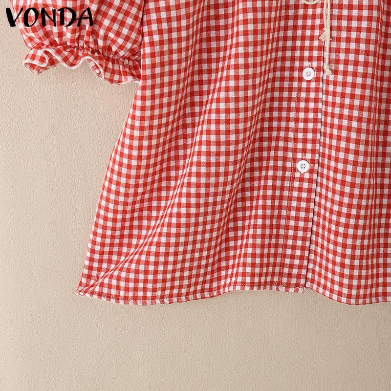 VONDA Женские летние топы с коротким рукавом и без бретелек, кружевные, в клетку, с принтом в стиле пэчворк