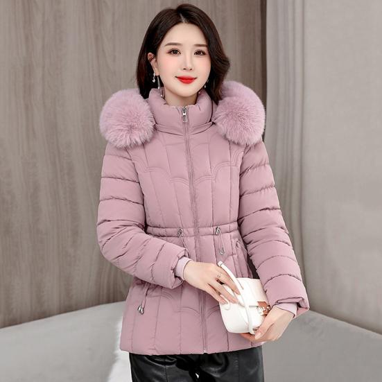Winter Women Jacket Padded Windproof Cold-proof Zipper Closure Outerwear with Detachable Hood Stand Collar Neck Protection Drawstring Waist Jacket