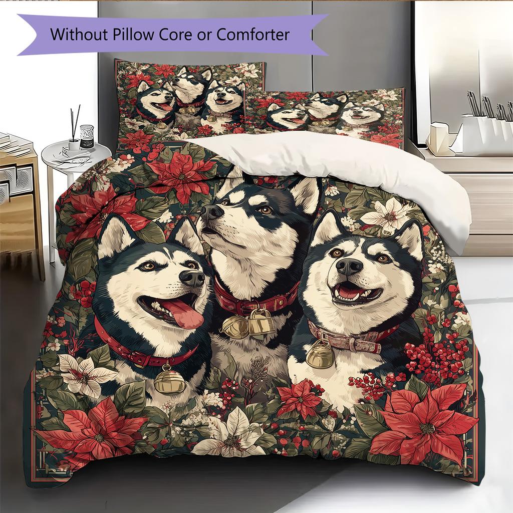 Three Bell-adorned Cats and Dogs Pattern Bedding Quilt Set Home Decoration Gift (1 * duvet cover + 2 * pillowcase, without core)