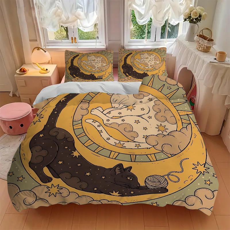 3pcs Two Cats in Moonlit Dreams Quilt Set - Soft and Comfortable Bedroom, Guest Room and Dorm