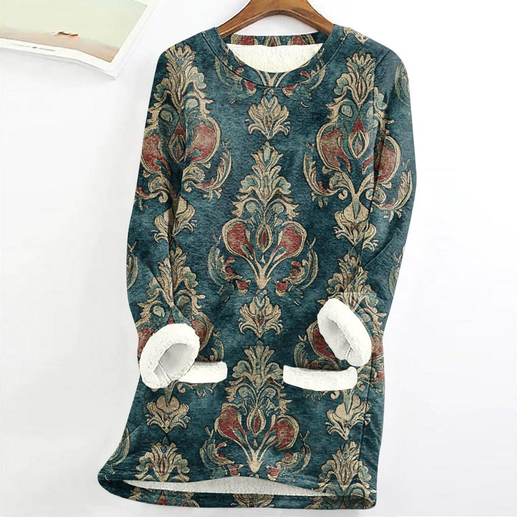 Women's Round Neck Top Printing Thickened Plush Cashmere Warm Long Top