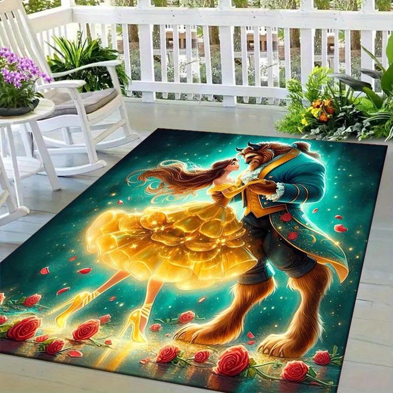 1pc Beauty and The Beast Pattern Area Rug Soft Flannel Floor Mat for Living Room, Office, Bedroom, Outdoor and Camping, Sofa Coffee Table Fl