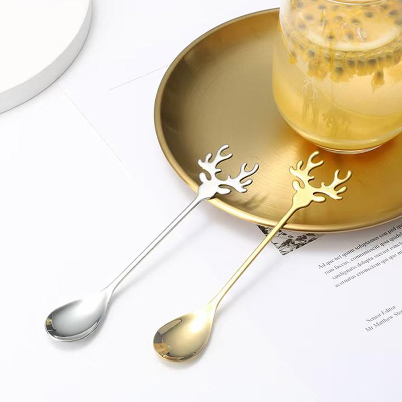1Pc 304 Stainless Steel Cartoon Christmas Elk Spoon Cute Deer Head Mini Ice Cream Spoons Coffee Dessert Stirring Spoon Tableware