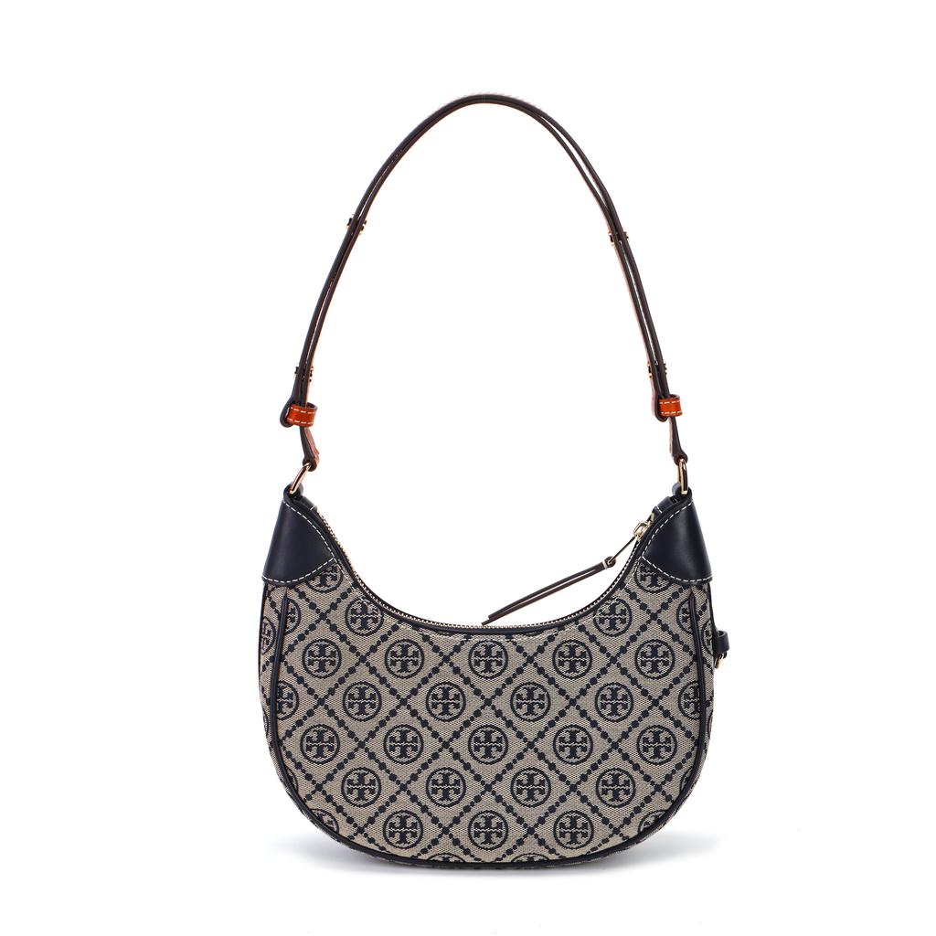 Tory Burch T Monogram Logo Print Zipper Closure Leather Crescent Bag Women Handbags Navy-Blue 158513-405