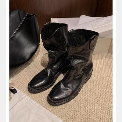 Виноградная мать того же стиля, конская кожа, заостренный круглый носок, V-образный вырез, толстый каблук, ретро, ковбойские короткие сапоги, женские, новые, осенние ан