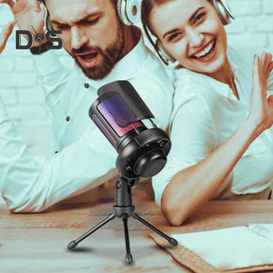 Gaming Microphone with Tripod Stand Noise Reduction RGB Breathing Light Design Gain Control Plug-Play Universal USB Microphone