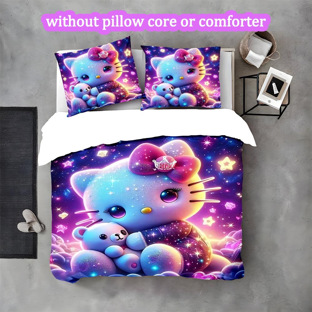 3pcs Hello Kitty Duvet Cover Set, Home Printed Bedding Set, Breathable and Cozy Bedclothes Suitable For Festival Decor