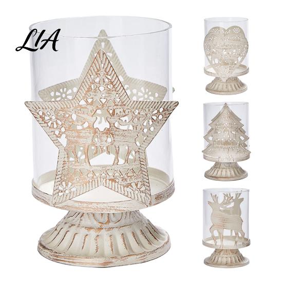 Glass Metal Candle Lamp 2Pcs Christmas Hollow Holder, Vintage Tabletop Tealight Lantern, Xmas Seasonal Atmosphere Light Elk, Tree, Star & Heart