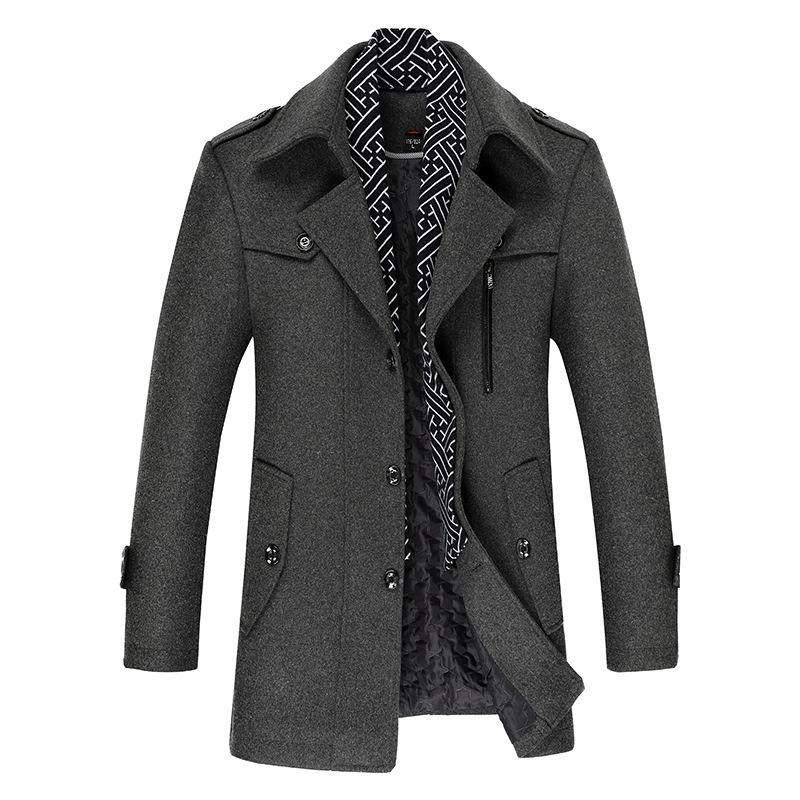 Men's Woolen Coats Fashion Thick Mid Length Trench Turn Down Collar Warm Business Casual Wool Coat