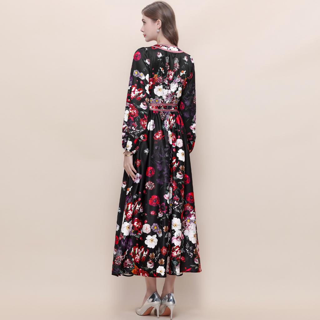 Весенние Винтажные Цветочные Макси-Платья для Женщин Подиумные Скрещенный V-образный Вырез Длинный Рукав-Фонарик Пояса Пляжное Праздничное Платье Бохо Халат