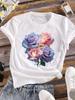 (Asian Size) Lovely Flower Cute  Short Sleeve T Shirt Women Tee Top Clothing Casual Flower Fashion Print Lady Female Graphic T-shirt