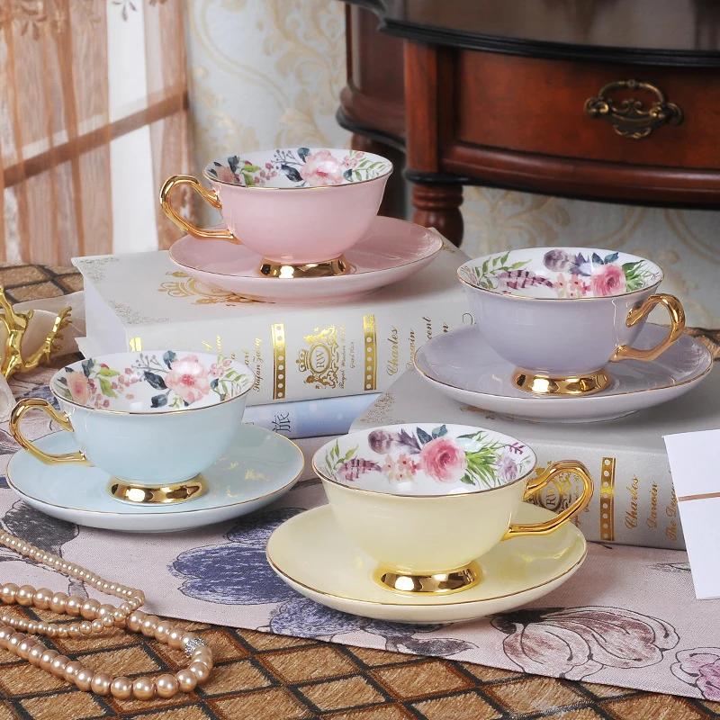 Bone China Coffee Cups &Saucer Set Exquisite Gold Rim Coffee Tea Water Cups British Flower Teacup Ceramic Kitchen Accessories