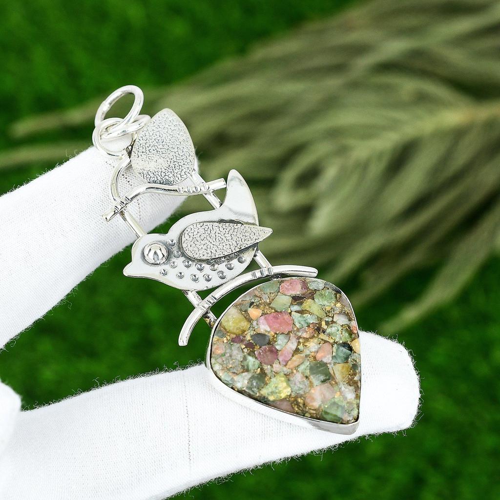 Подарок на день рождения для нее Подвеска с натуральным турмалином арбузного цвета из серебра 925 пробы