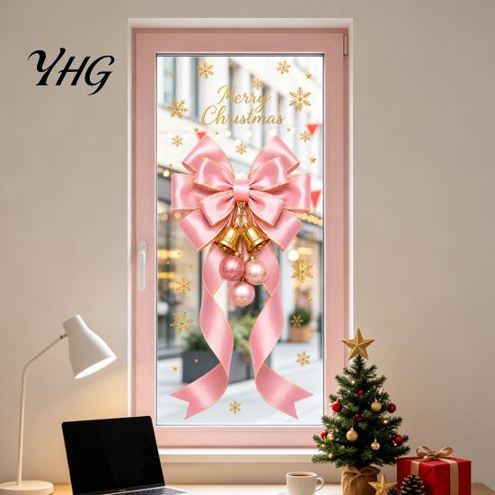 Christmas Theme Glass Film Static Sticker, Bow Pattern Print, Removable Non Adhesive Window Electrostatic PVC for Home And Store Doors Reusable Decals