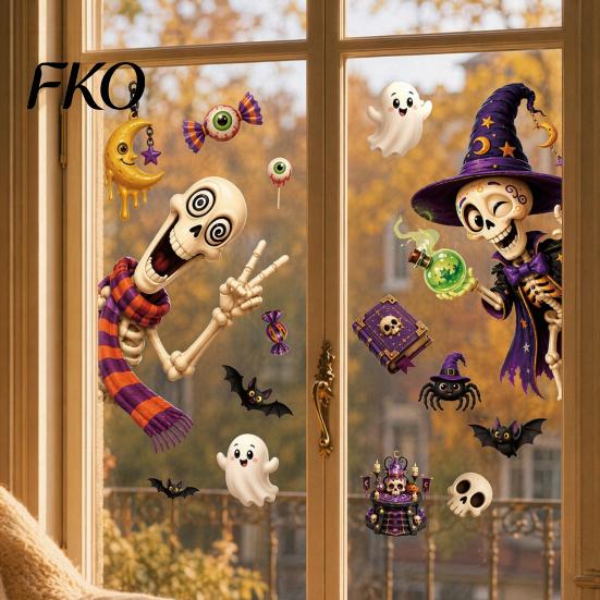 Indoor Outdoor Halloween Stickers 2 Sheets Window Clings, Cartoon Skeleton Static Stickers, Funny Classic Pattern Ghosts Bats Pumpkins for Glass Doors