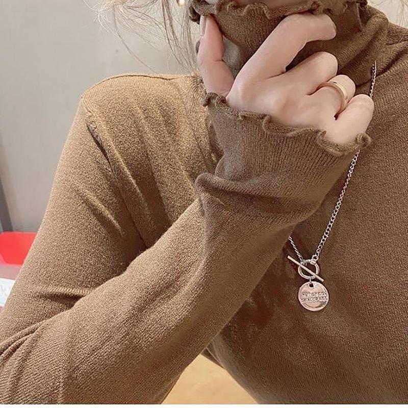 HELIAR Женский свитер с высоким воротом и оборками, длинный рукав, однотонный тонкий пуловер, офисный повседневный свитер, джемпер для женщин, осень-зима