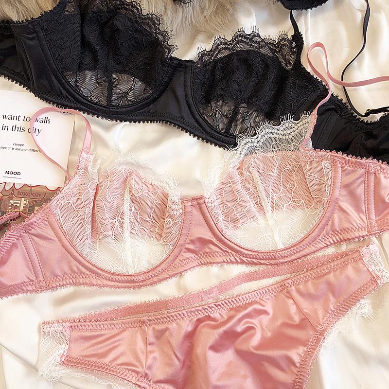 French Ultra Thin Lace Splicing Bra Set for Women Underwear Sexy Silk Breathable Bra and Panties Set Summer Comfortable Lingerie