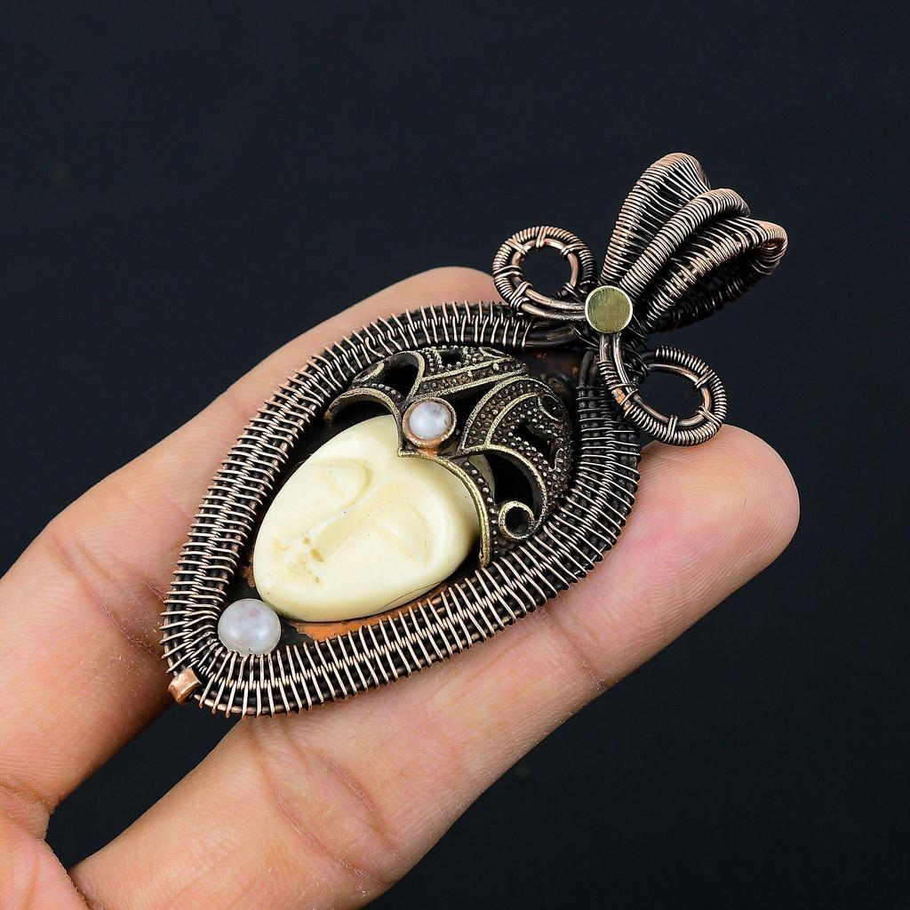 Резная кость лицо драгоценный камень чистая медная проволока обернутая дизайнерская подвеска ручной работы ювелирный подарок