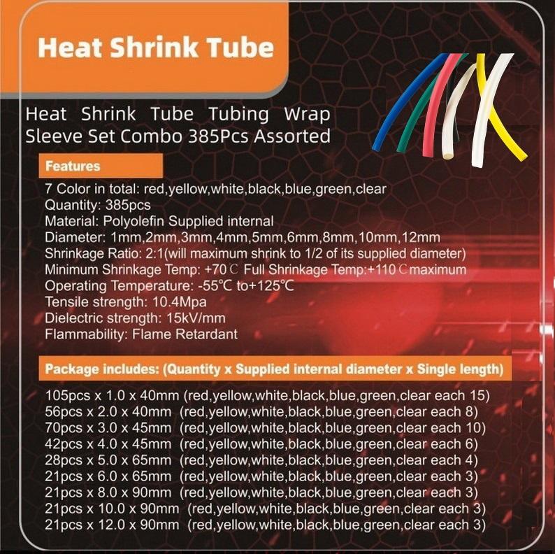 Комплект термоусадочных трубок Botisi, 385 шт., ассорти 2:1 соотношение