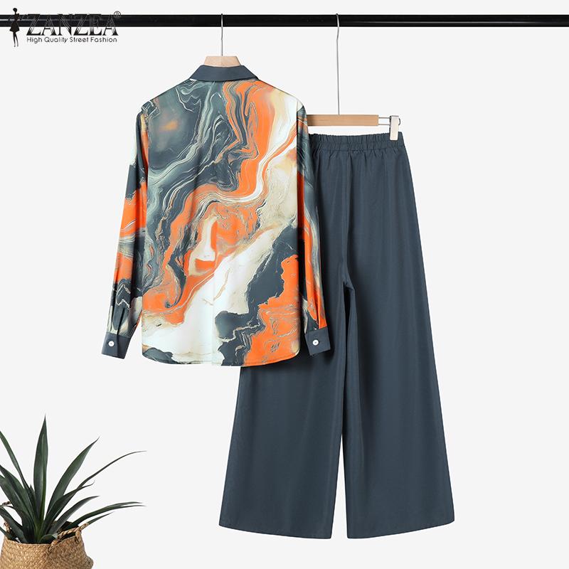 ZANZEA Женские рубашки с принтом и брюки, повседневные комплекты из двух частей