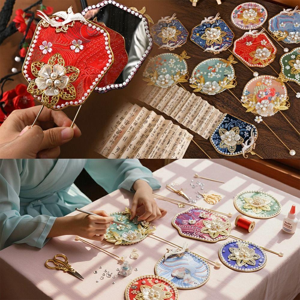 Многоцветный DIY Китайский веер Песня Брокат DIY Аксессуары Мини Ручной веер Фото Реквизит с Мини-зеркалом Ручной работы Зеркало для макияжа