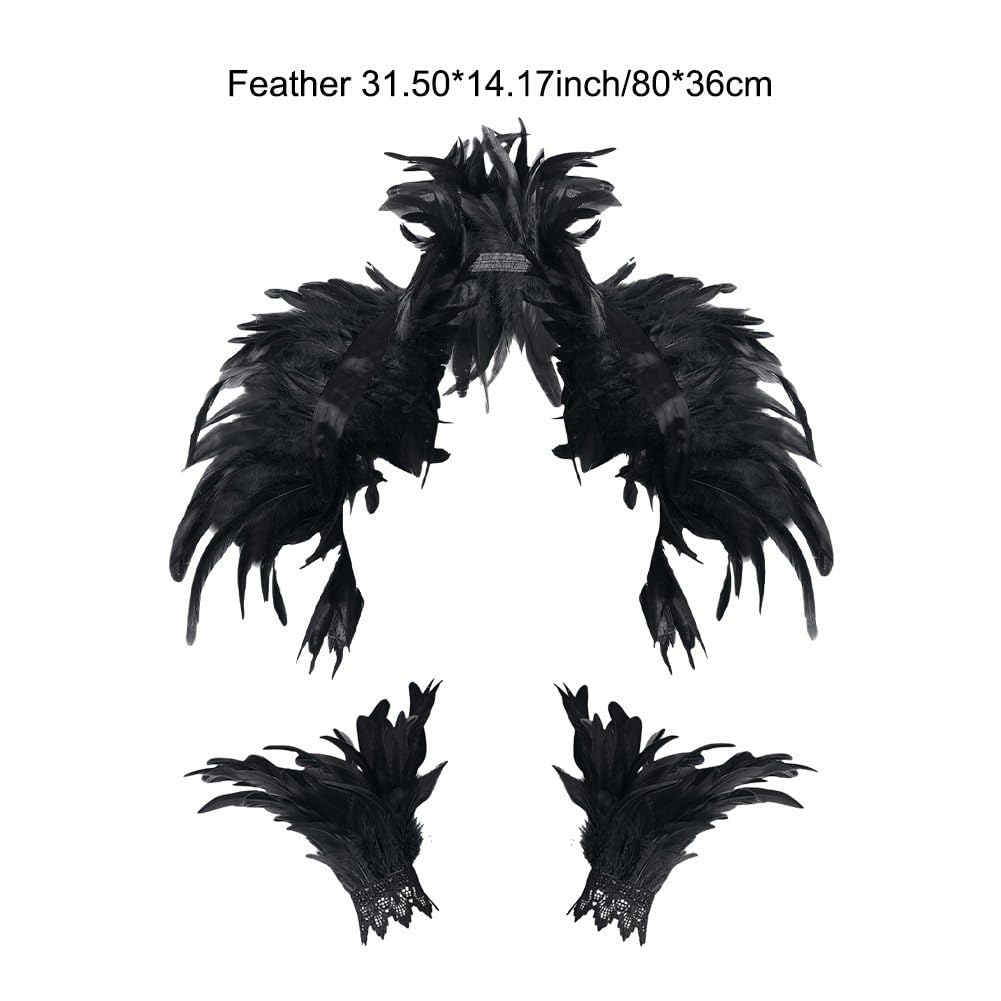 Feather Cape with Wrist Feathers Pair, Gothic Style Feather Shawl for Carnival Costume, Women Masquerade Outfit Accessory 80x36cm