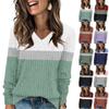 Women's Fashionable Oversized V-Neck T-Shirt With Striped Patchwork Print Long-Sleeved Pullover Top