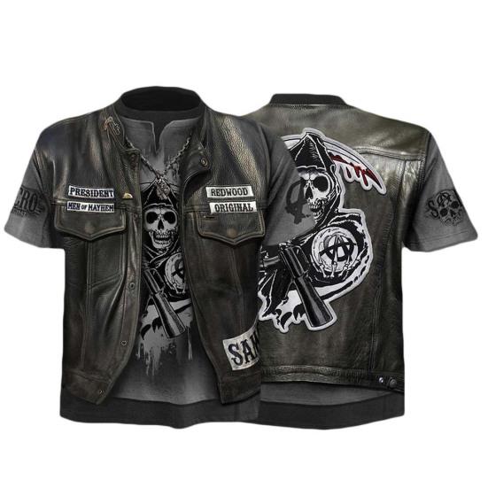 Мужская летняя повседневная футболка с 3D-принтом черепа и круглым вырезом с коротким рукавом, топ из искусственной куртки