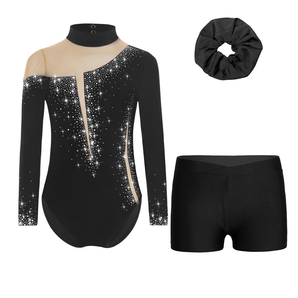 Girls Gymnastics Dance Outfit Set Long Sleeve Keyhole Back Sheer Mesh Patchwork Sparkly Leotard Shorts Hair Band