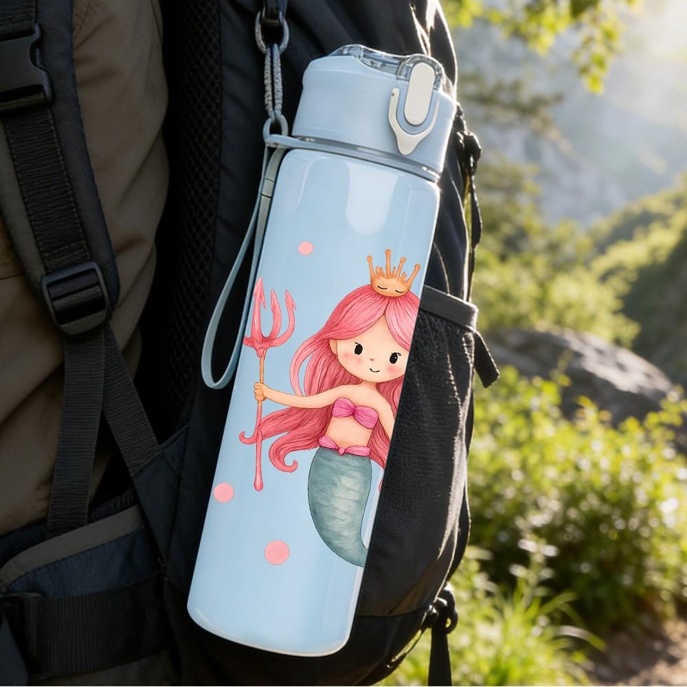 1PC Pink Mermaid Princess Cartoon 750ml Color Plastic Sports Water Bottle Leakproof Flip Straw Lid Suitable for Sports Office Home Use