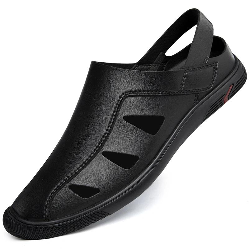 Fashion Summer Outdoor Mens Hollow Out Loafers Casual Leather Flats Breathable Slip On Business Driving Sandals Non-slip Men's Sandals
