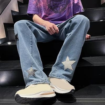 Женские джинсы с высокой талией и широкими штанинами в стиле 90-х, брюки в стиле пэчворк со звездами