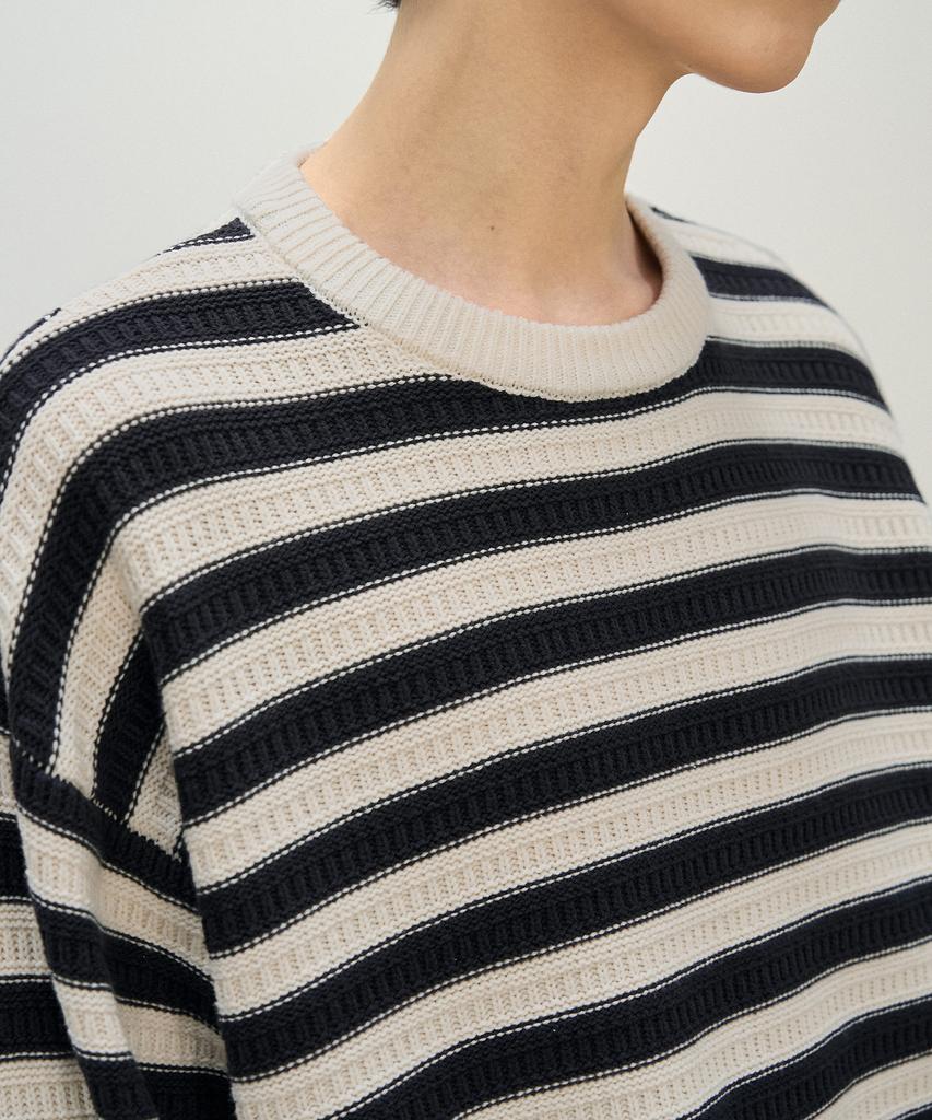 DRAW FIT Square Stripe Cotton Pullover Knit [Ivory]