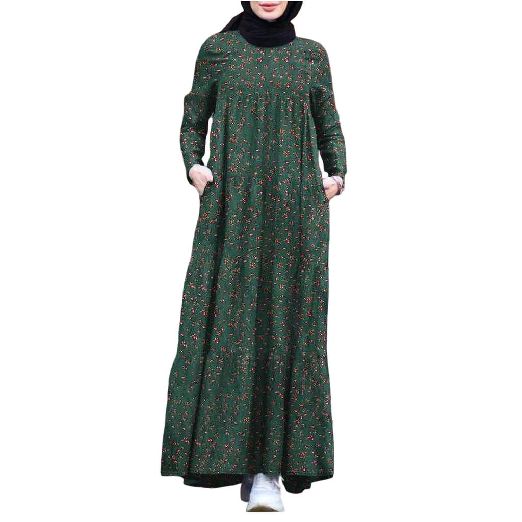 Женская мода повседневная с круглым вырезом и длинным рукавом мусульманские цветочные платья