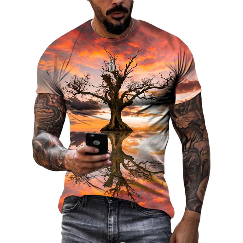 Модные оригинальные мужские футболки с пейзажем, летние повседневные футболки с круглым вырезом и коротким рукавом, новые трендовые уличные топы для отдыха с 3D принтом