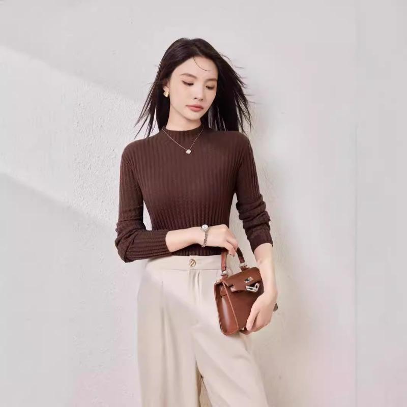 Silk-containing Wool Sweater Women's Early Autumn New Semi-turtleneck Knitted Sweater Sweater with Waffle Backing Top