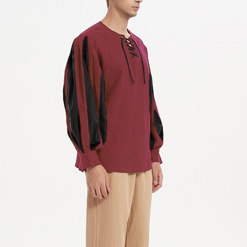 Летняя мужская винтажная свободная рубашка рыцаря со шнуровкой и длинными рукавами, средневековая драматическая рубашка для выступлений