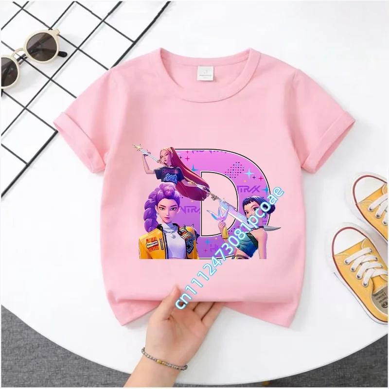 2026 New summer cotton T-shirt with letter A-Z cartoon print. K-Pop Demon Hunters. Children's short-sleeved girls' casual top.