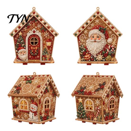 Handmade Assembly Model DIY Christmas Faux Pearl Art Painting Hanging Pendant Kit, 3D Bead Gingerbread Wooden Craft Project House Miniature