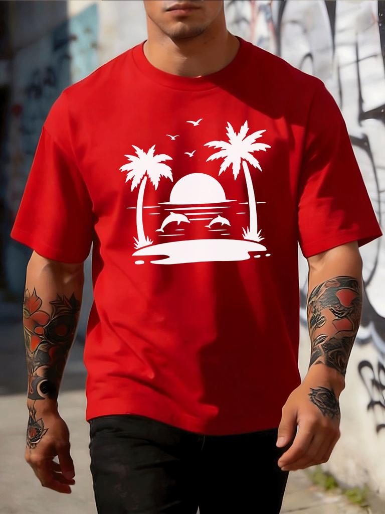 Coastal Dolphin Palm Sunset Unisexs Tee Cotton Short Sleeve Loose Summer Beach Vacation Casual Daily Male Street Tops For Adult Unisex