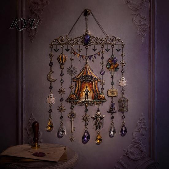 Retro Style Pendants Halloween Wind Chimes, Acrylic Spooky Sun Catcher for Window Garden Yard, Gothic Chimes Hanging with Crystal Stars Moons