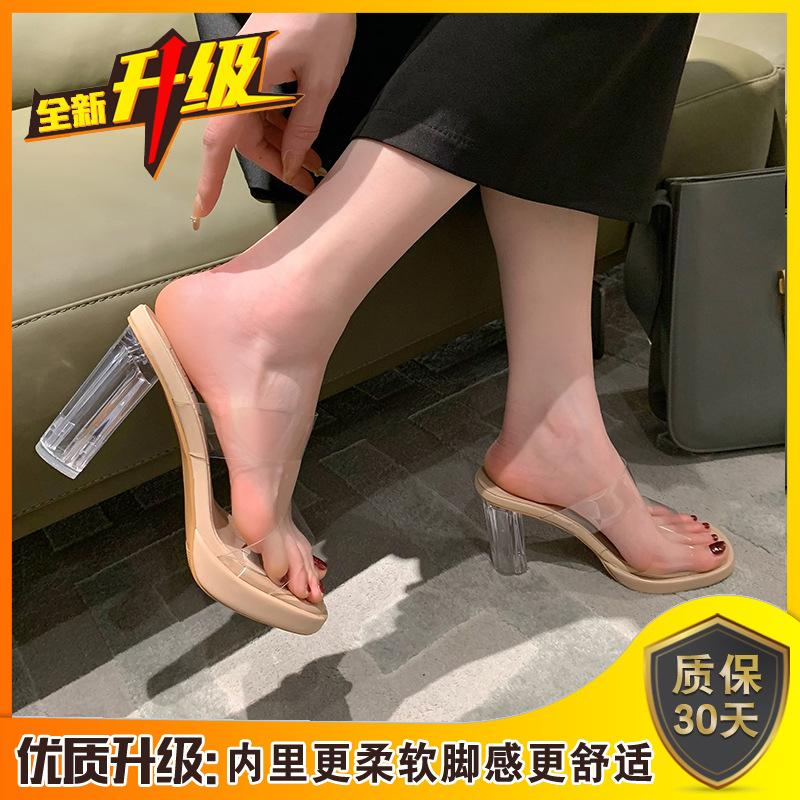 Босоножки на высоком каблуке женские 2025 новая летняя верхняя одежда изысканные и высококачественные однотонные толстые каблуки прозрачные кристаллы классные тапочки