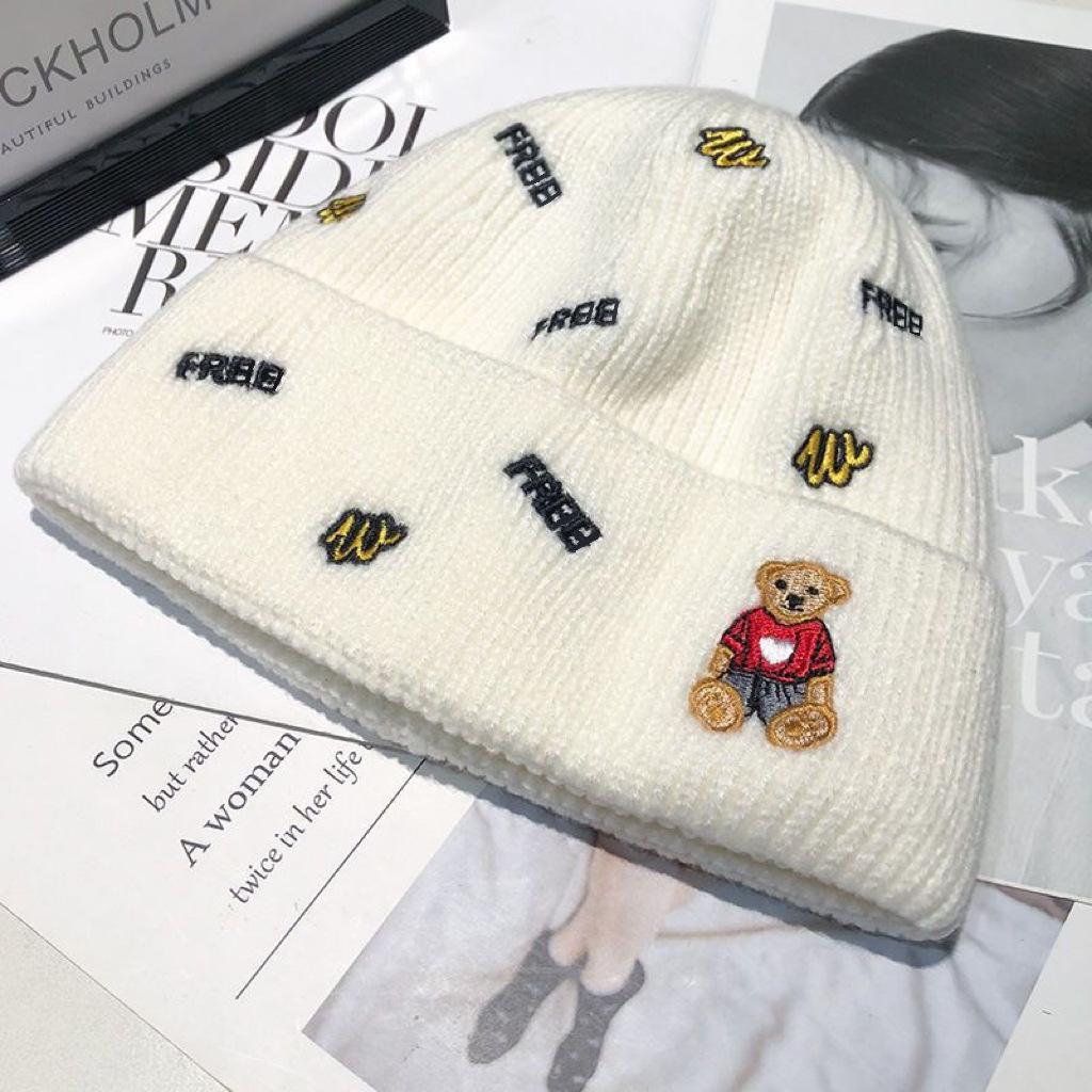 Women's Cute Bear Woolen Hat: Fashionable, Warm, Versatile Knitted Beanie with Ear Protection and Embroidery