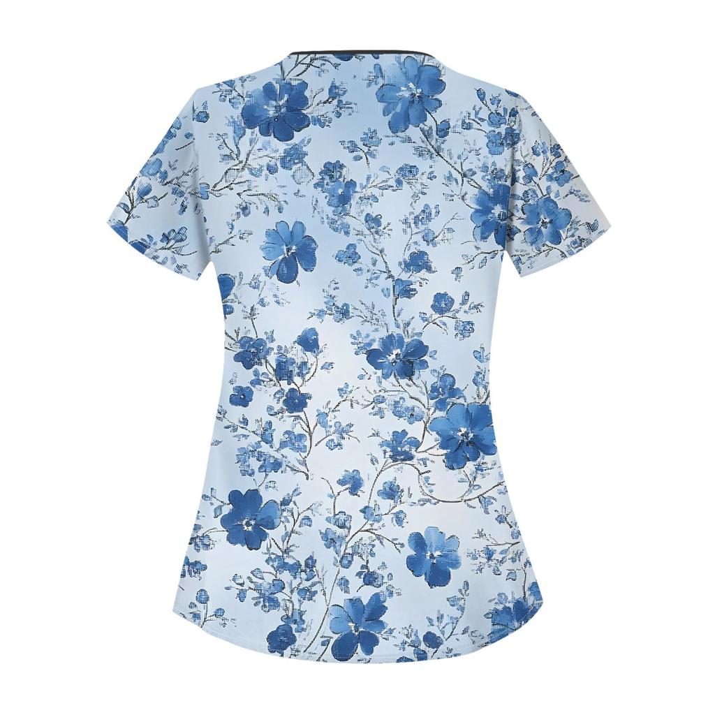 Женская повседневная рабочая одежда с короткими рукавами и наклонным воротником с принтом и двойными карманами