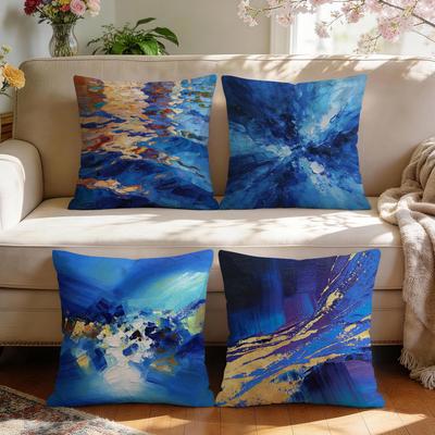 4 Pcs Blue Abstract Oil Painting Single-Sided Printed Pillowcase Cushion Cover,Suitable For Living Room,Bedroom,Car Decoration