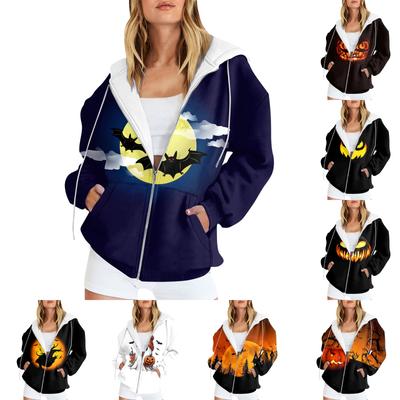 Женская мода повседневная толстовка с принтом на Хэллоуин осень-зима с длинным рукавом кардиган с карманами на молнии куртка с капюшоном