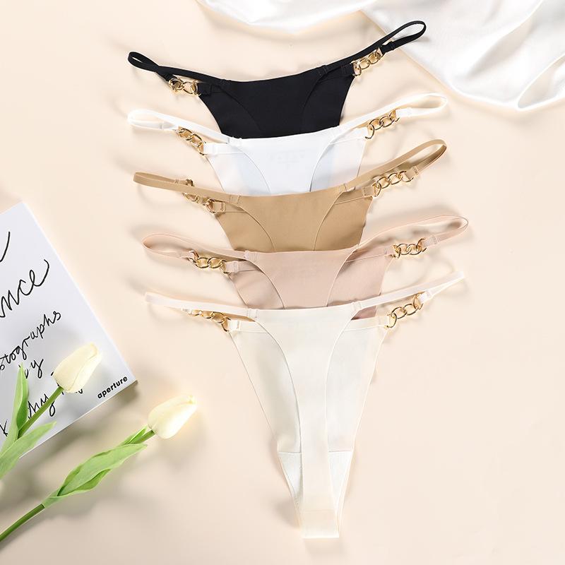 Women's Metal Buckle Ring Thongs Low Waist Seamless Bikini Panties One Piece High Elasticity Breathable Triangle Cotton Crotch