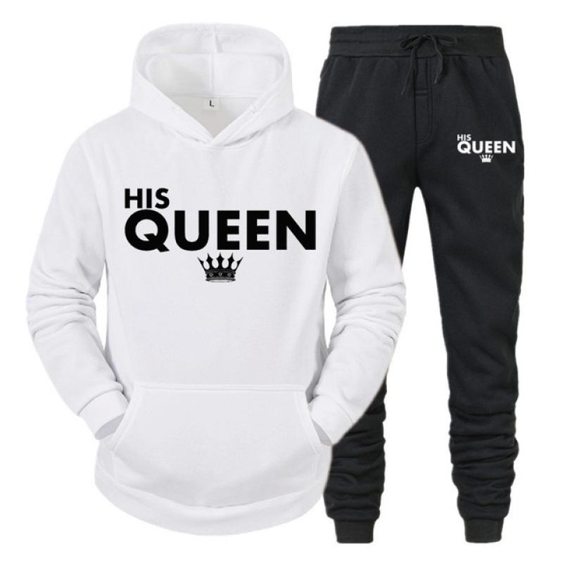 Lover Outfit Her QUEEN or His KING Printed Tracksuits Couple Hoodies Suits Hooded Sweatshirt and Sweatpants Two Piece Set S-4XL