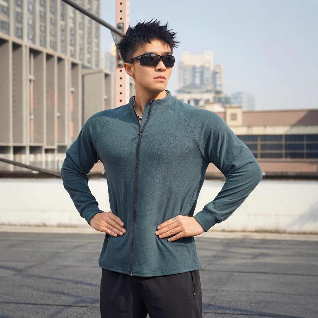 Мужская повседневная велюровая футболка с длинным рукавом для тренировки мышц - эластичный воротник-стойка на молнии