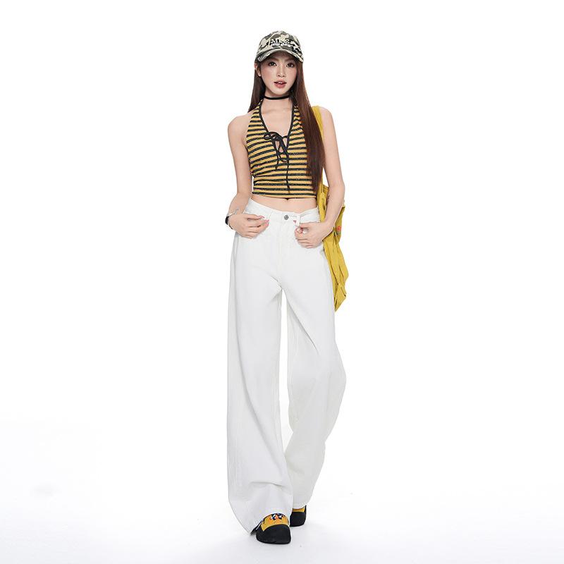 Summer new American simple high-end jeans women's high waist drape comfortable versatile floor-mopping wide-leg pants